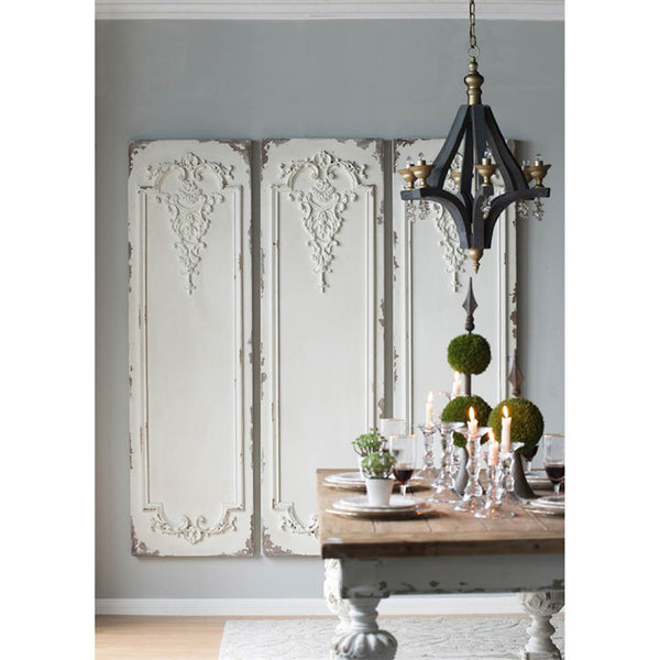 English Elm Set of 3 Boiserie Inspired Magnesia Relief Panels Weathered White Sculptural Wall Decor W2078130260
