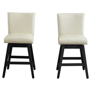 English Elm Upholstered Swivel Barstools Set of 2 Pu Leather High Back with Nailhead Wood Frame W1893123706