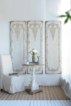 English Elm Set of 3 Boiserie Inspired Magnesia Relief Panels Weathered White Sculptural Wall Decor W2078130260