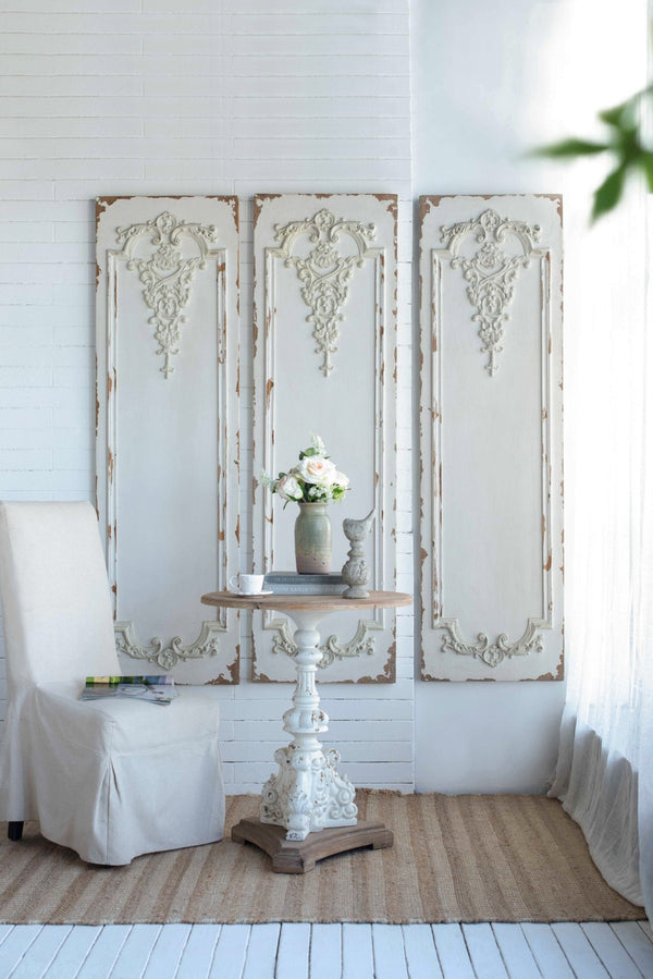 English Elm Set of 3 Boiserie Inspired Magnesia Relief Panels Weathered White Sculptural Wall Decor W2078130260