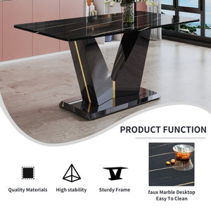 English Elm Modern Black Gold Tempered Glass Dining Table with V-shaped Legs Seats Four W1151S03969