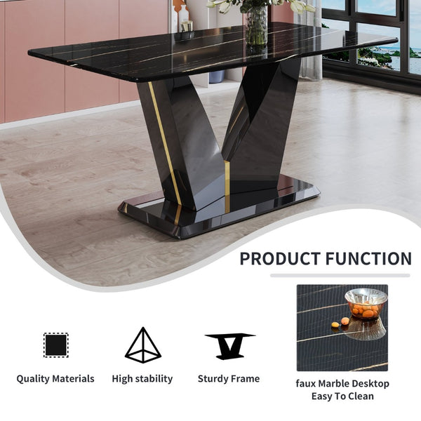 English Elm Modern Black Gold Tempered Glass Dining Table with V-shaped Legs Seats Four W1151S03969