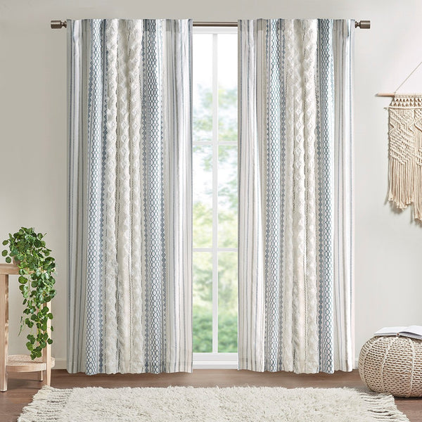 English Elm Cotton Imani Printed Window Panel with Tufted Chenille Stripe, Lined Ivory Navy 50x84 Drapery Multicolor 10.24 L x 12.2 W x 4.13 H B035129657