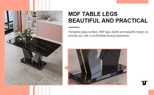 English Elm Modern Black Gold Tempered Glass Dining Table with V-shaped Legs Seats Four W1151S03969