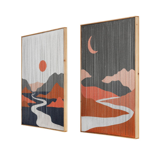 English Elm 26.5" Rectangular Tassel Diptych Wall Art Set Fir Frame Abstract Minimalist Panels W2078130302