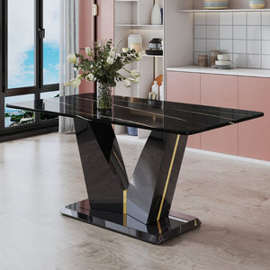 English Elm Modern Black Gold Tempered Glass Dining Table with V-shaped Legs Seats Four W1151S03969