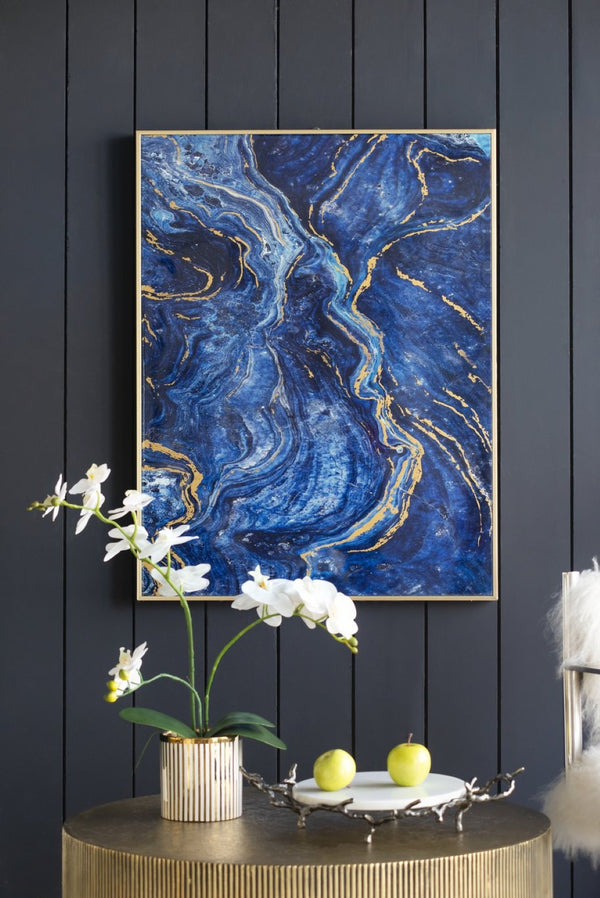English Elm Set of 2 Gold Framed Blue Marbled Art Panels Diptych for Living Room Walls W2078130282