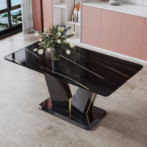 English Elm Modern Black Gold Tempered Glass Dining Table with V-shaped Legs Seats Four W1151S03969