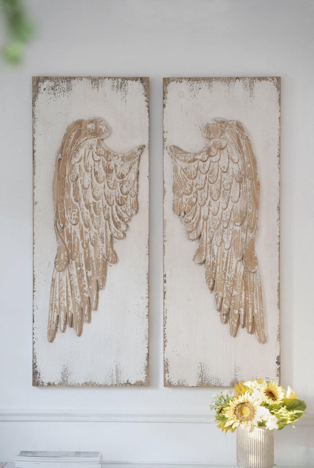 English Elm Set of 2 Hand Carved Feather Wing Wood Wall Panels Whitewash Farmhouse Decor W2078130291