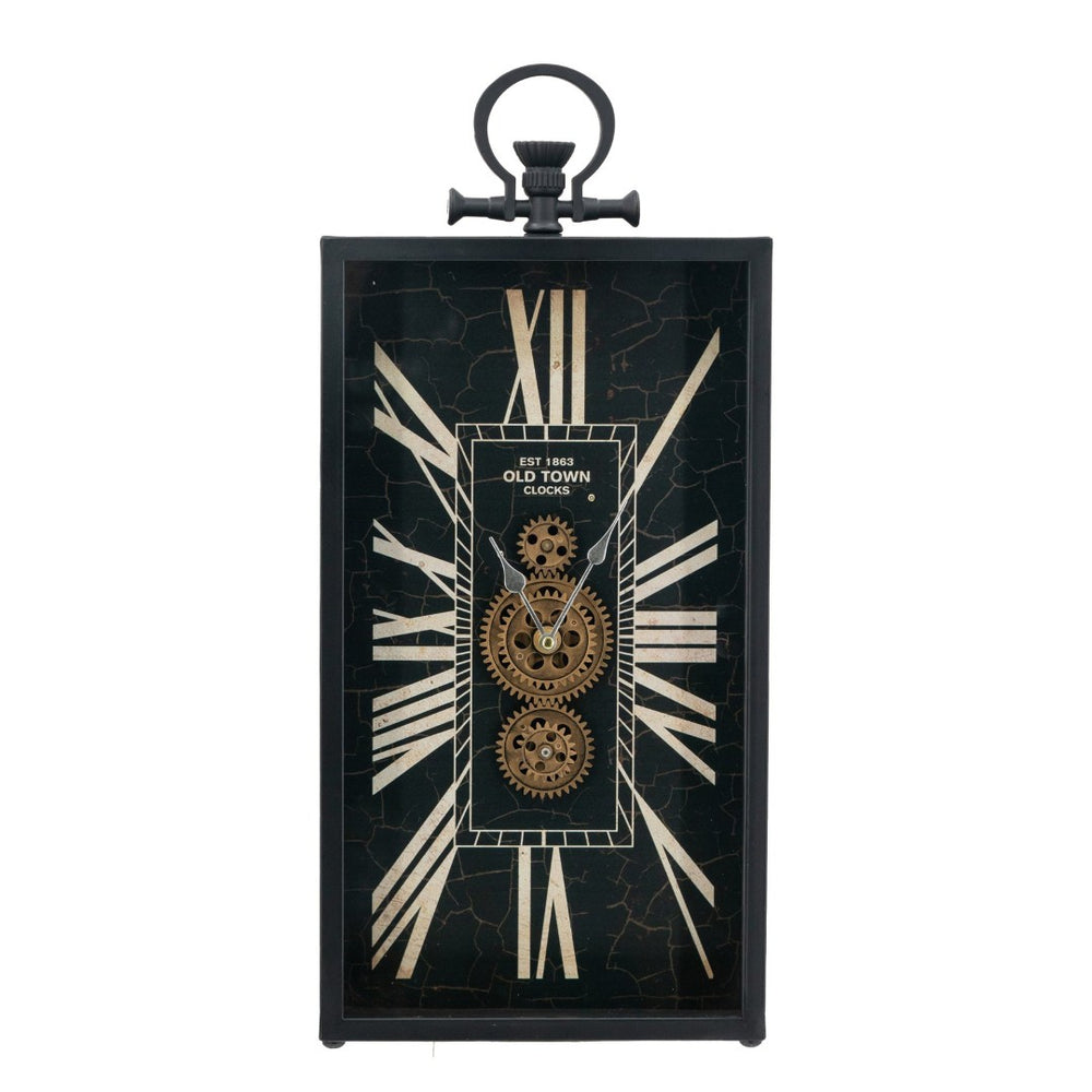 English Elm Decorative Steampunk Table Clock with Exposed Golden Gears and Roman Numeral Dial W2078130304