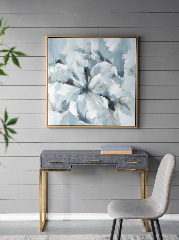 English Elm 39.5" Square Abstract Floral Oil Painting Gold Framed Canvas Wall Art for Living Room Blue+Grey W2078130297