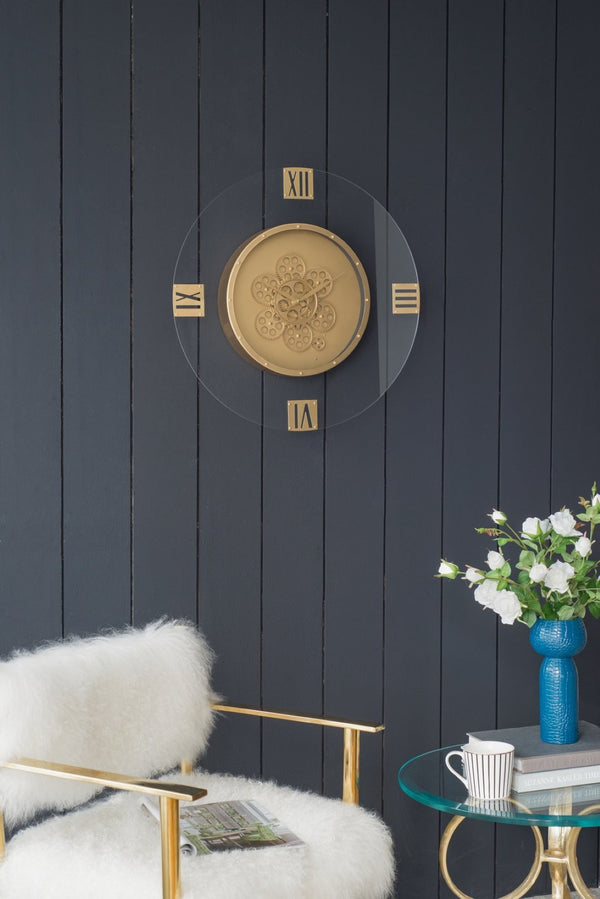 English Elm 23.5" Oversized Acrylic Wall Clock with Silent Moving Gears and Gold Roman Numerals W2078130296