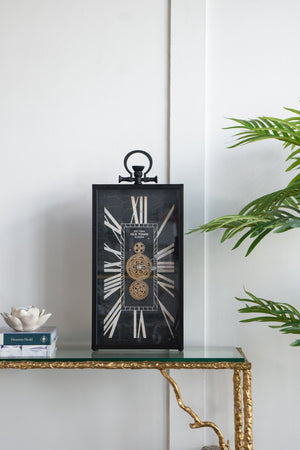 English Elm Decorative Steampunk Table Clock with Exposed Golden Gears and Roman Numeral Dial W2078130304
