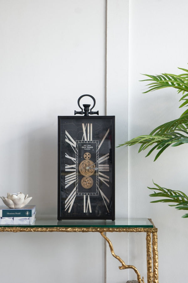 English Elm Decorative Steampunk Table Clock with Exposed Golden Gears and Roman Numeral Dial W2078130304
