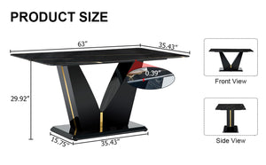 English Elm Modern Black Gold Tempered Glass Dining Table with V-shaped Legs Seats Four W1151S03969