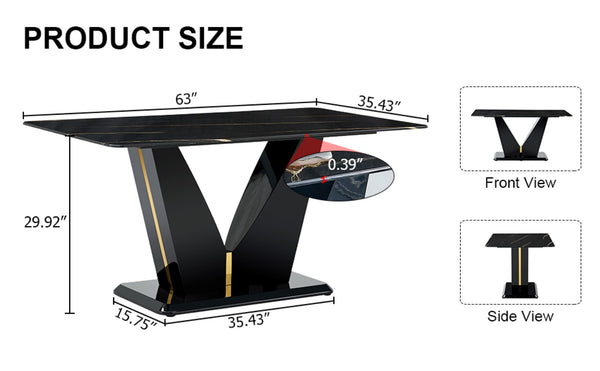 English Elm Modern Black Gold Tempered Glass Dining Table with V-shaped Legs Seats Four W1151S03969