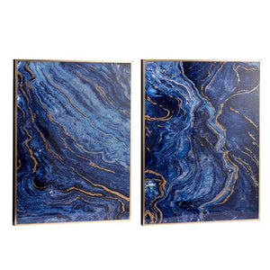 English Elm Set of 2 Gold Framed Blue Marbled Art Panels Diptych for Living Room Walls W2078130282