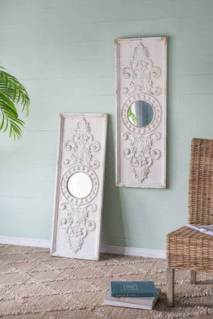 English Elm Set of 2 Carved Fir Wood Wall Panels Distressed Finish Round Mirror Living Room Decor W2078130284