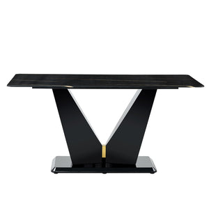 English Elm Modern Black Gold Tempered Glass Dining Table with V-shaped Legs Seats Four W1151S03969