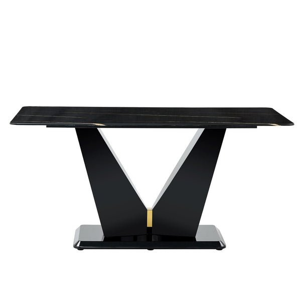 English Elm Modern Black Gold Tempered Glass Dining Table with V-shaped Legs Seats Four W1151S03969