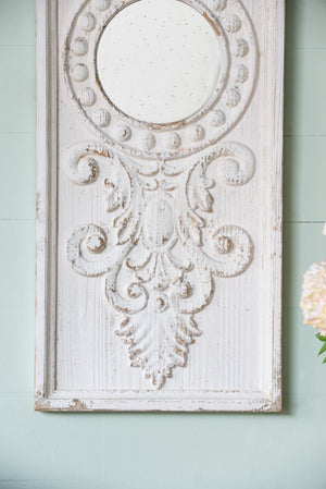 English Elm Set of 2 Carved Fir Wood Wall Panels Distressed Finish Round Mirror Living Room Decor W2078130284