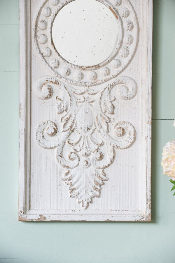 English Elm Set of 2 Carved Fir Wood Wall Panels Distressed Finish Round Mirror Living Room Decor W2078130284