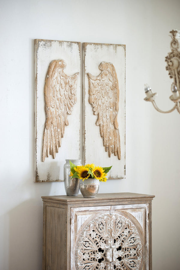 English Elm Set of 2 Hand Carved Feather Wing Wood Wall Panels Whitewash Farmhouse Decor W2078130291