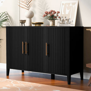 English Elm U-style Three Door Cabinet with Metal Handles Grain Panel Mdf and Pine Legs Black N711P334886B