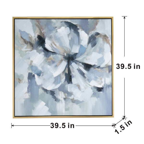 English Elm 39.5" Square Abstract Floral Oil Painting Gold Framed Canvas Wall Art for Living Room Blue+Grey W2078130297