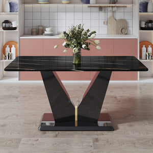 English Elm Modern Black Gold Tempered Glass Dining Table with V-shaped Legs Seats Four W1151S03969