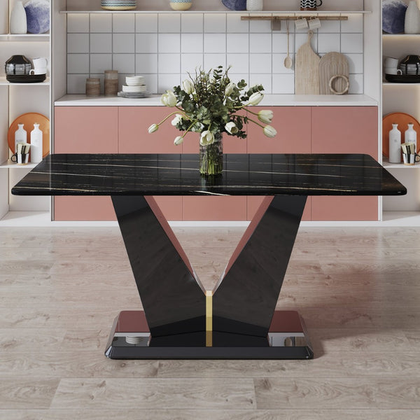 English Elm Modern Black Gold Tempered Glass Dining Table with V-shaped Legs Seats Four W1151S03969