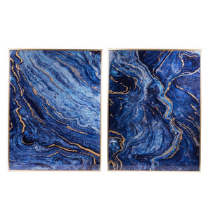 English Elm Set of 2 Gold Framed Blue Marbled Art Panels Diptych for Living Room Walls W2078130282