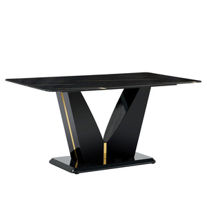 English Elm Modern Black Gold Tempered Glass Dining Table with V-shaped Legs Seats Four W1151S03969