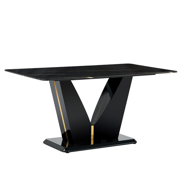 English Elm Modern Black Gold Tempered Glass Dining Table with V-shaped Legs Seats Four W1151S03969