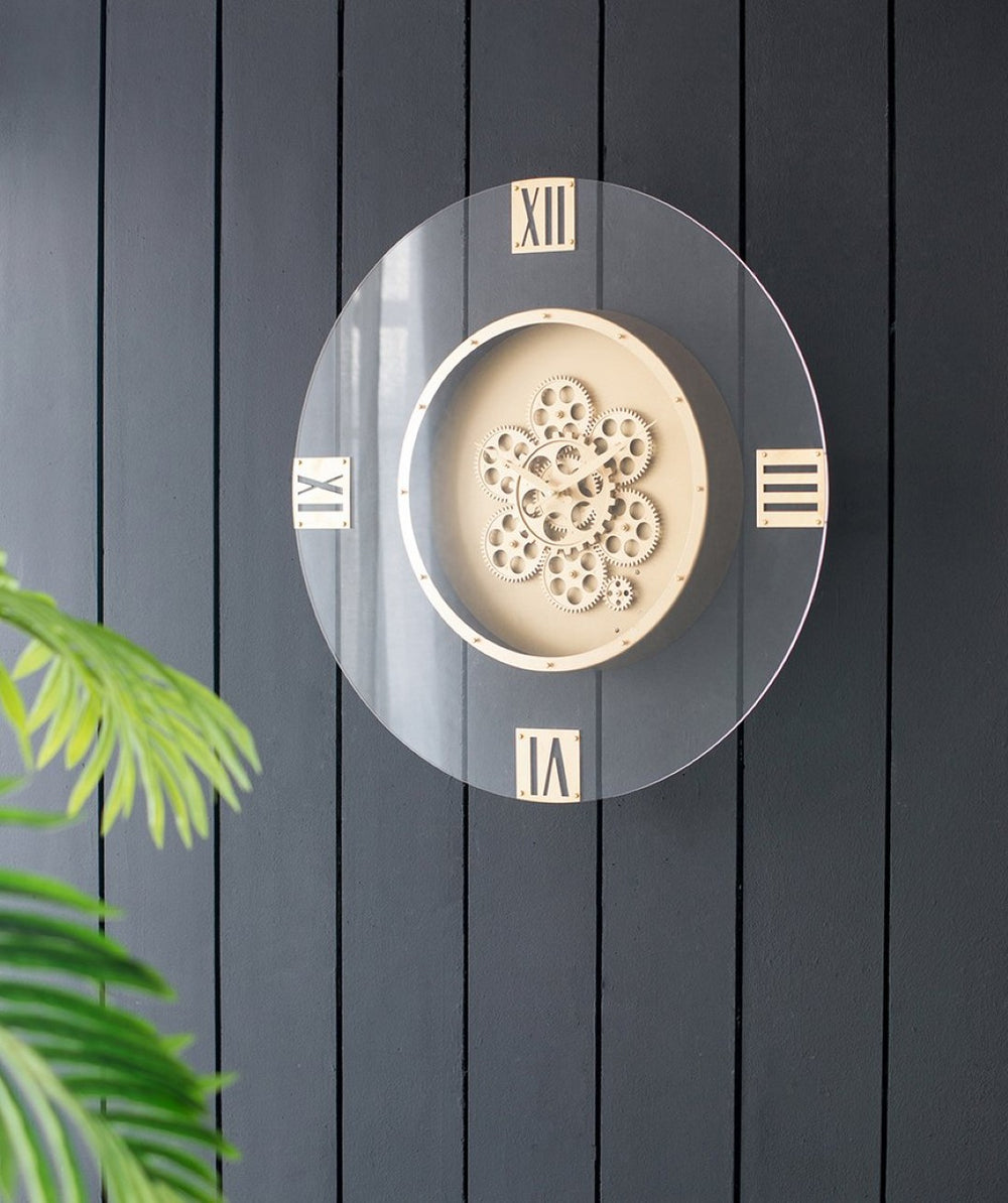 English Elm 23.5" Oversized Acrylic Wall Clock with Silent Moving Gears and Gold Roman Numerals W2078130296
