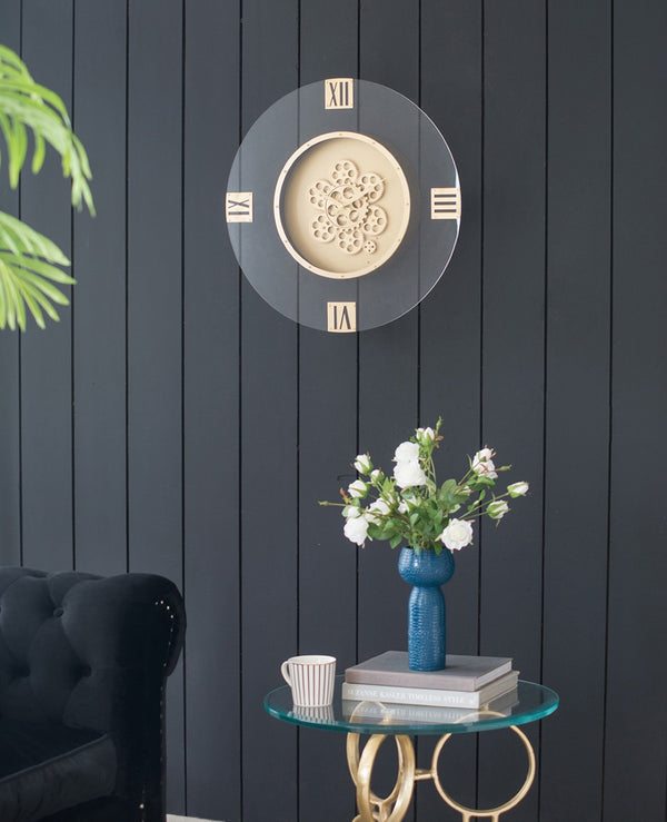 English Elm 23.5" Oversized Acrylic Wall Clock with Silent Moving Gears and Gold Roman Numerals W2078130296