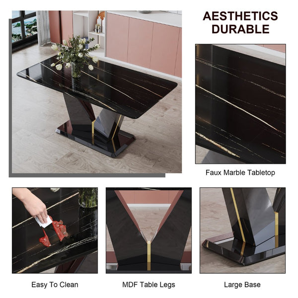 English Elm Modern Black Gold Tempered Glass Dining Table with V-shaped Legs Seats Four W1151S03969