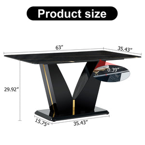 English Elm Modern Black Gold Tempered Glass Dining Table with V-shaped Legs Seats Four W1151S03969