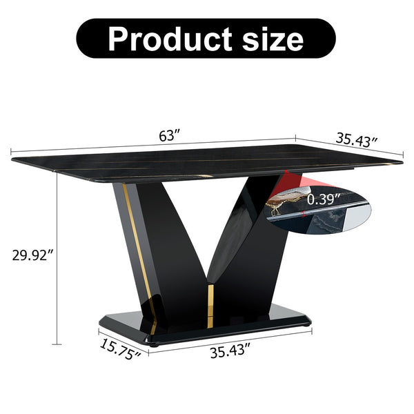 English Elm Modern Black Gold Tempered Glass Dining Table with V-shaped Legs Seats Four W1151S03969