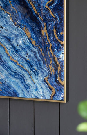 English Elm Set of 2 Gold Framed Blue Marbled Art Panels Diptych for Living Room Walls W2078130282