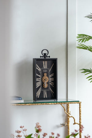 English Elm Decorative Steampunk Table Clock with Exposed Golden Gears and Roman Numeral Dial W2078130304