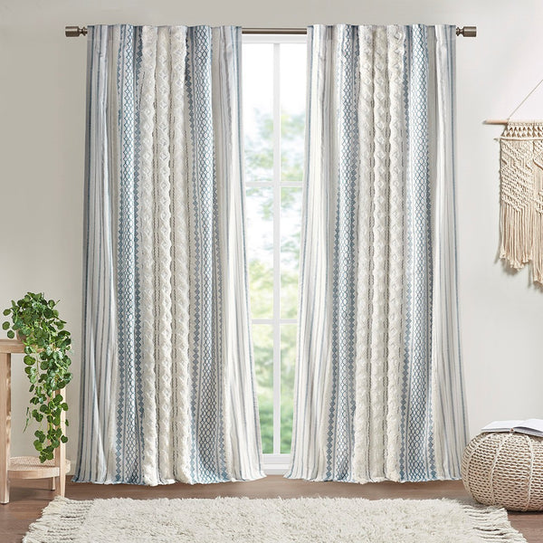 English Elm Cotton Imani Printed Window Panel with Tufted Chenille Stripe, Lined Ivory Navy 50x84 Drapery Multicolor 10.24 L x 12.2 W x 4.13 H B035129657