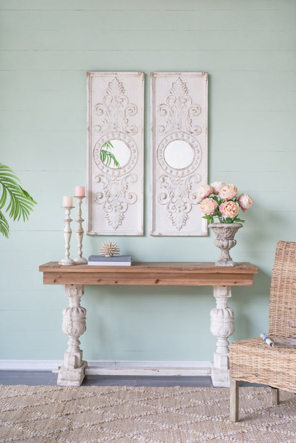 English Elm Set of 2 Carved Fir Wood Wall Panels Distressed Finish Round Mirror Living Room Decor W2078130284