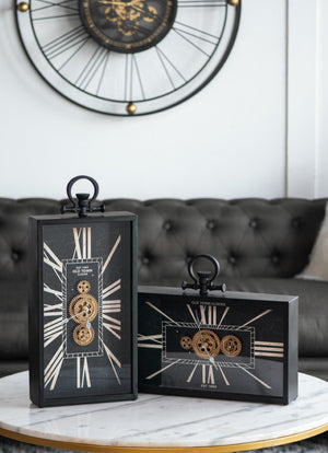 English Elm Decorative Steampunk Table Clock with Exposed Golden Gears and Roman Numeral Dial W2078130304