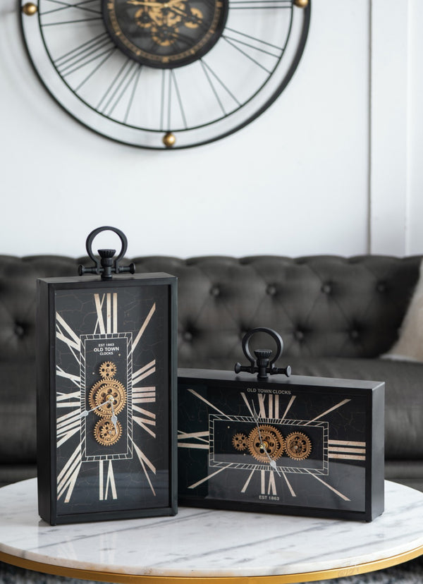 English Elm Decorative Steampunk Table Clock with Exposed Golden Gears and Roman Numeral Dial W2078130304