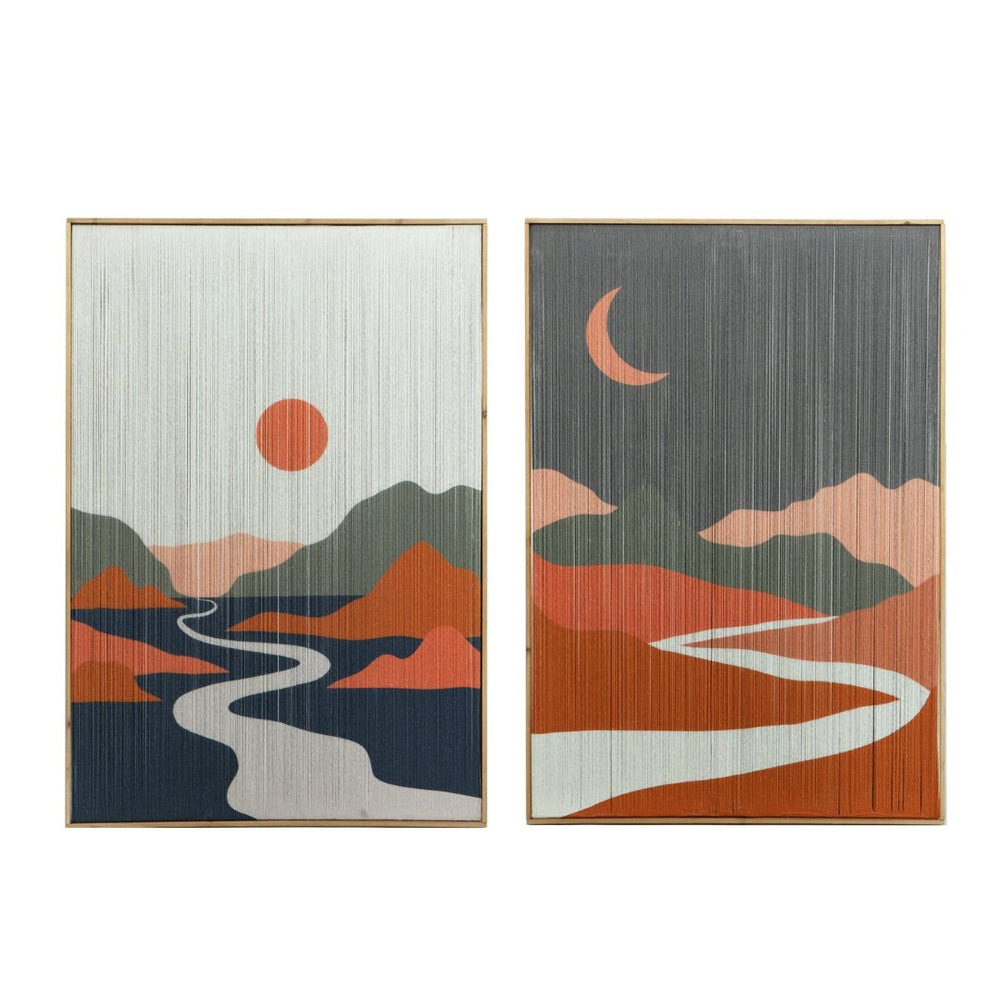 English Elm 26.5" Rectangular Tassel Diptych Wall Art Set Fir Frame Abstract Minimalist Panels W2078130302