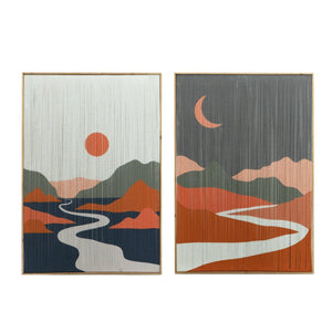 English Elm 26.5" Rectangular Tassel Diptych Wall Art Set Fir Frame Abstract Minimalist Panels W2078130302