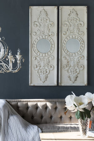 English Elm Set of 2 Carved Fir Wood Wall Panels Distressed Finish Round Mirror Living Room Decor W2078130284