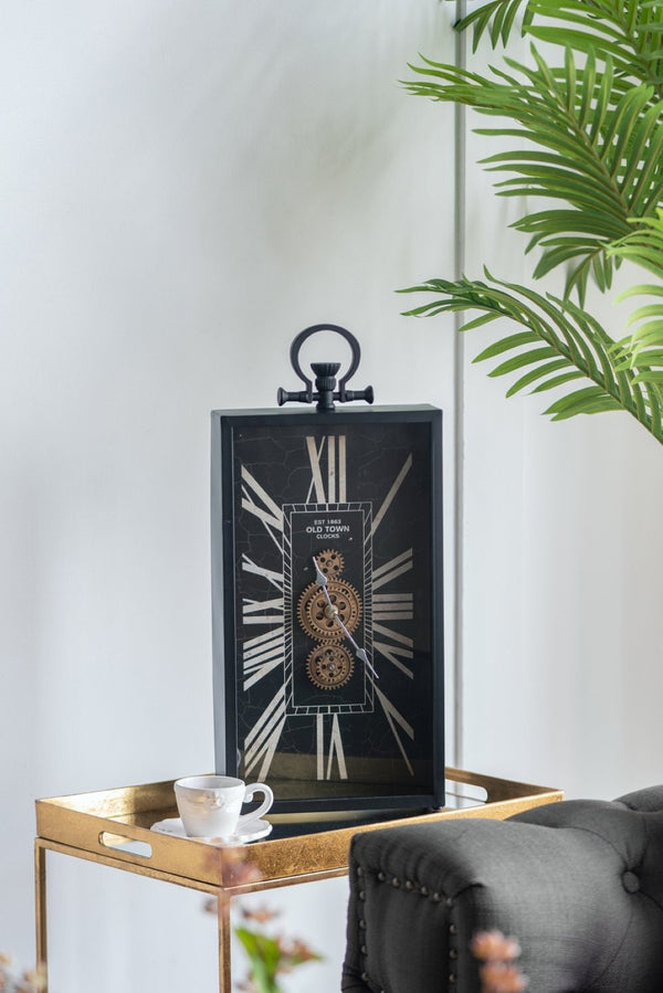 English Elm Decorative Steampunk Table Clock with Exposed Golden Gears and Roman Numeral Dial W2078130304