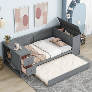 English Elm Twin Twin Size Daybed with Trundle, Storage Drawers and USB Charging Ports — Space-Saving Design Grey GX000349AAE